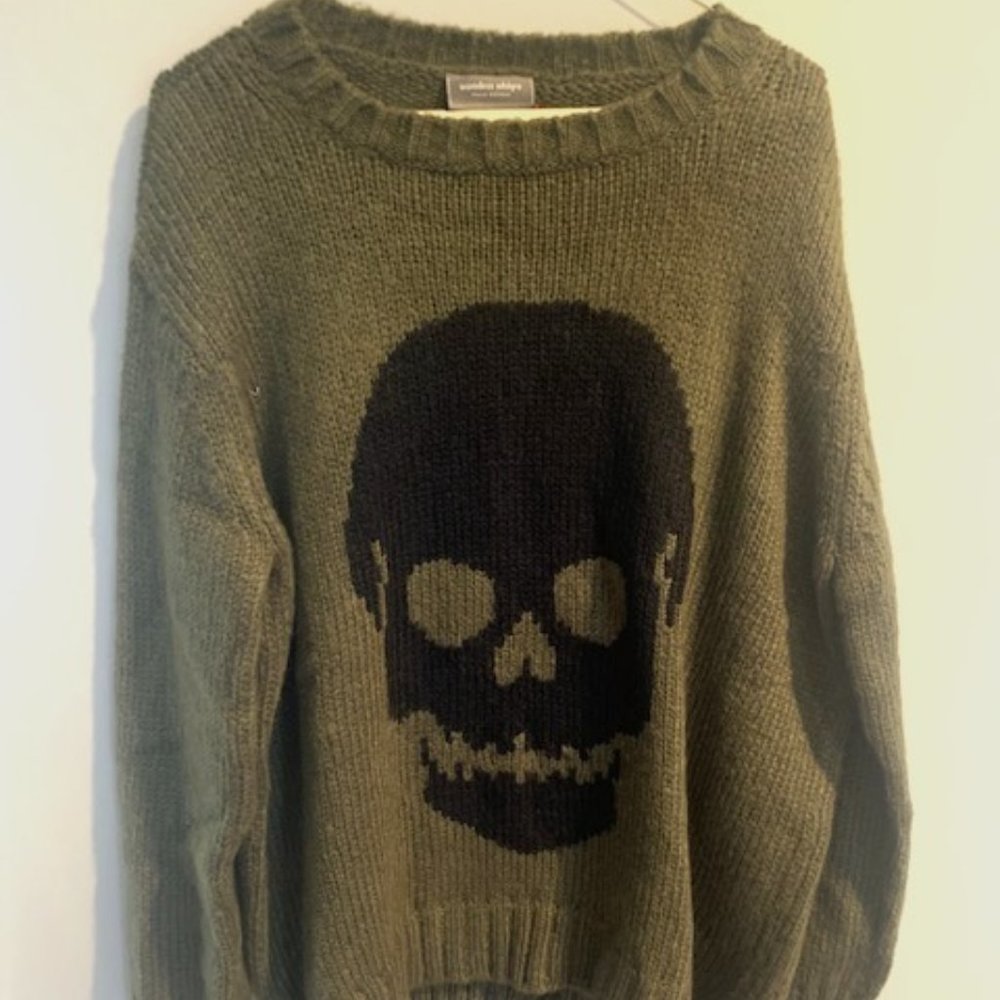 WOODEN SHIPS BIG SKULL CREW CHUNKY CAMO GREEN SWEATER SIZE S/M
